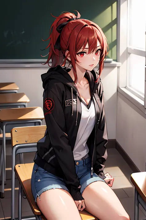 (masterpiece:1.2, best quality), 1lady, solo, black hoodie jacket, black tight short jeans, classroom, day, sit, red hair, ponyt...