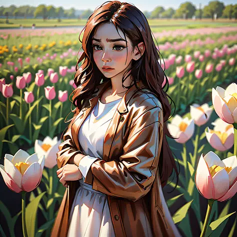 actress Sarocha Chankimha with soft tones and a melancholy face standing around a field of tulips