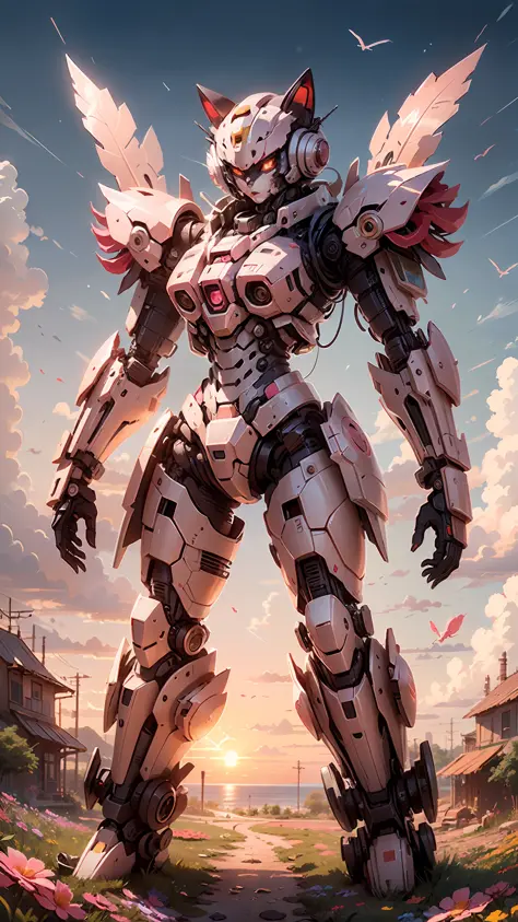 white pink puppet cat armor，beautiful details，complete set，luxury equipment，mecha is beautiful，soar 5 km in the air，（psychedelic...