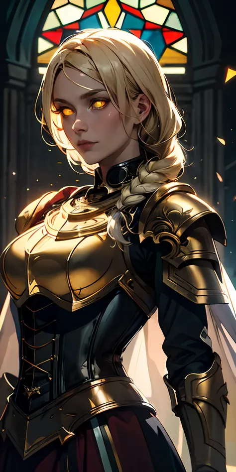 upper body of paladin lady in ornate golden armor, black collar ...