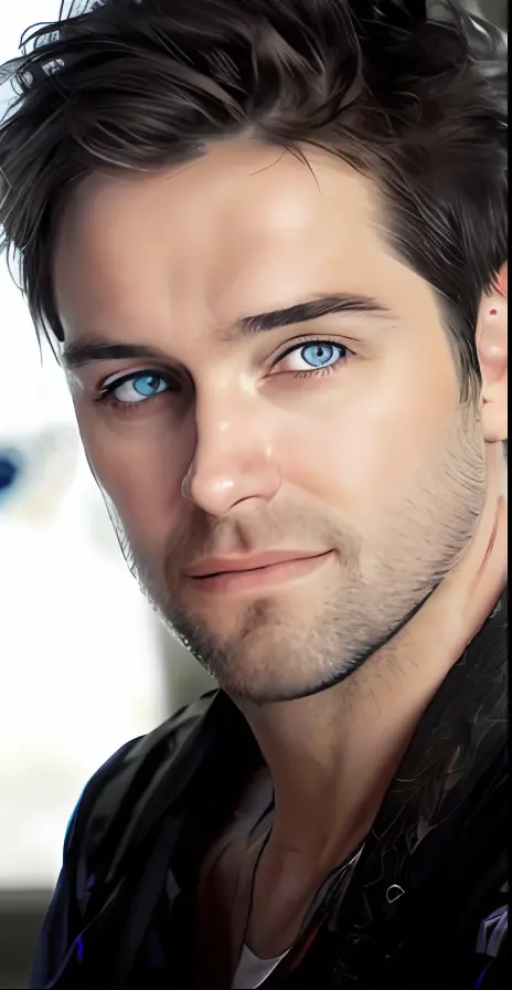um close up de um homem com barba e jaqueta de couro, cara muito boa olhando!!, com olhos azuis!!!!, Ryan Dening, homem de olhos azuis, olhos azuis!!!!, rosto bonito perfeito, olhos azuis!!, rosto bonito e rosto bonito, pale blue eyes!, com olhos azuis bri...