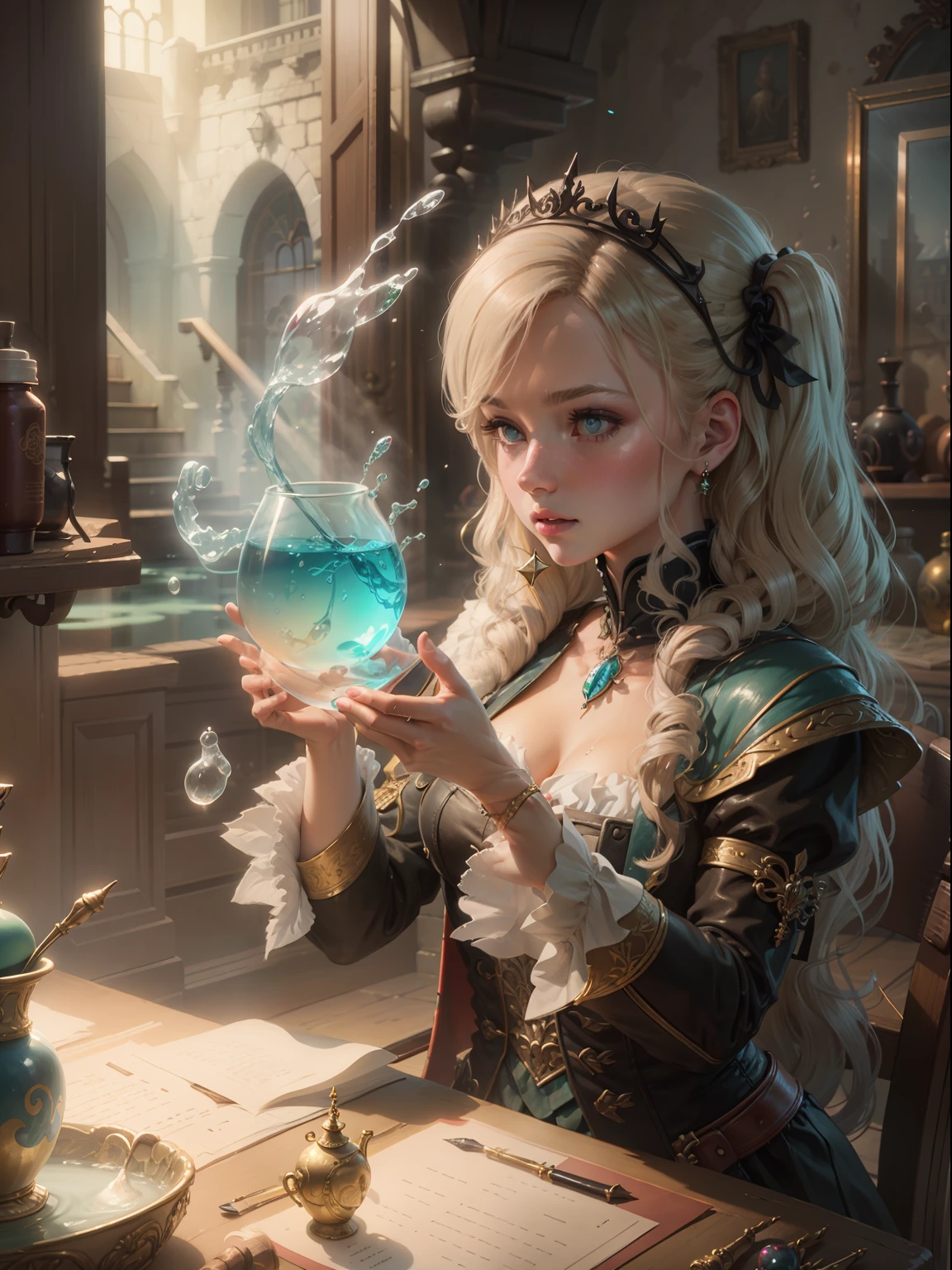 Girl magician，Dragon-shaped water column，Transparency strengthens，spellbooks，Water magic，（Old enchanted castle），（（The water is meticulously depicted）），（（（ultra fine））），shot at 8k resolution，Gasoline liquid，，Lithography in intricate details，dongh（Light particles：1.2），（game concept：1.3），（Depth of field:1.3)，Global illumination，with rich details，Trends on ArtStation，Epic shooting，Cinematic lighting