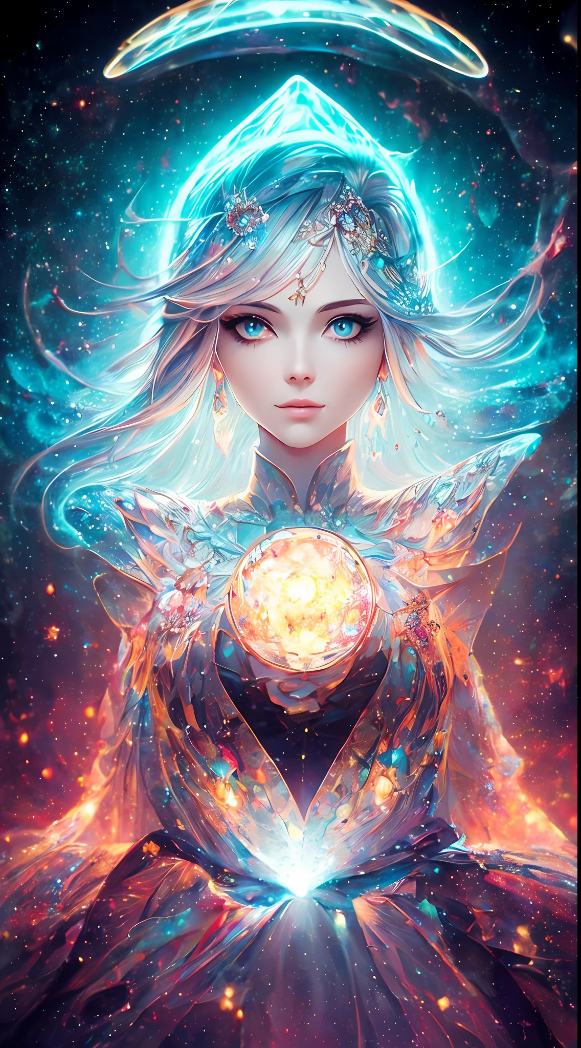 ((best quality)), ((masterpiece)), ((realistic)), portrait, 1girl, celestial, deity, goddess, light particles, halo, looking at viewer, (bioluminescent:0.95) flame, bioluminescence, phoenix, Vibrant, Colorful, Color, (Glow, Glow), (Beautiful Composition), Cinematic Lights, Intricate, (Symmetry: 0.5), Whimsical, Alien Planet --auto