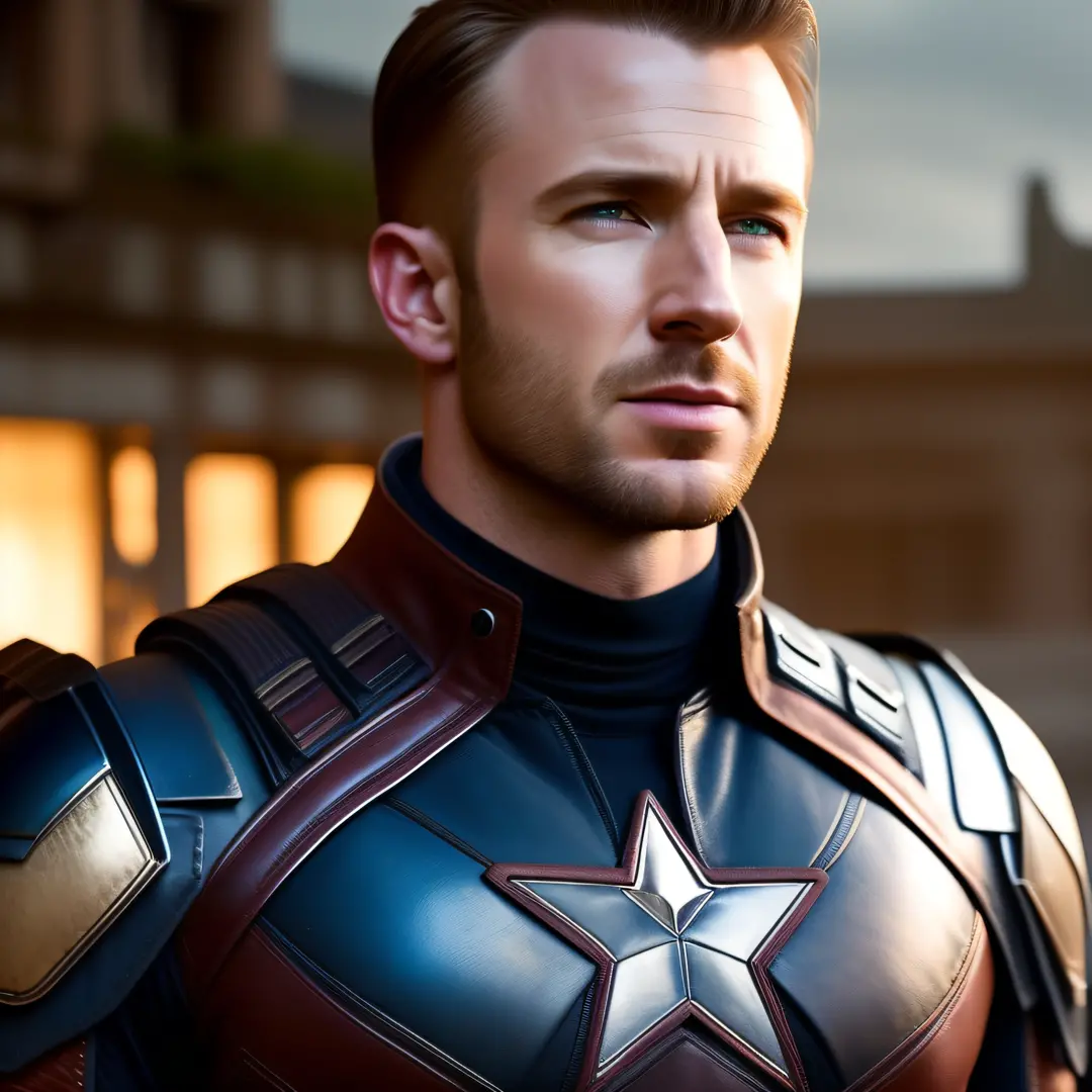Chris Evans as Steve Rogers / Captain America, natural facial expressions, beautiful, dramatic, dashing, award-winning hairstyle...