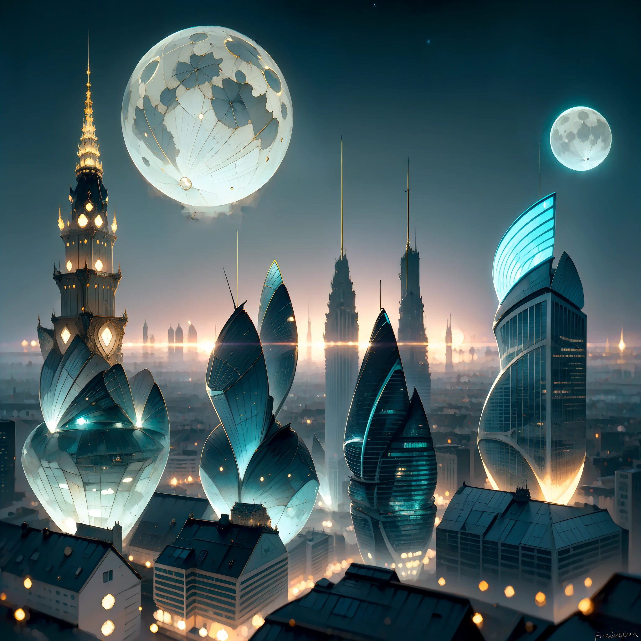 Futuristic city with skyscrapers and a full moon in the sky - SeaArt AI