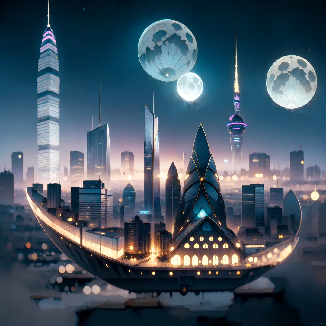 Vessel flying between buildings, Medieval and futuristic buildings, futuristic magical city, two moons in sky, noite, boat flyin...