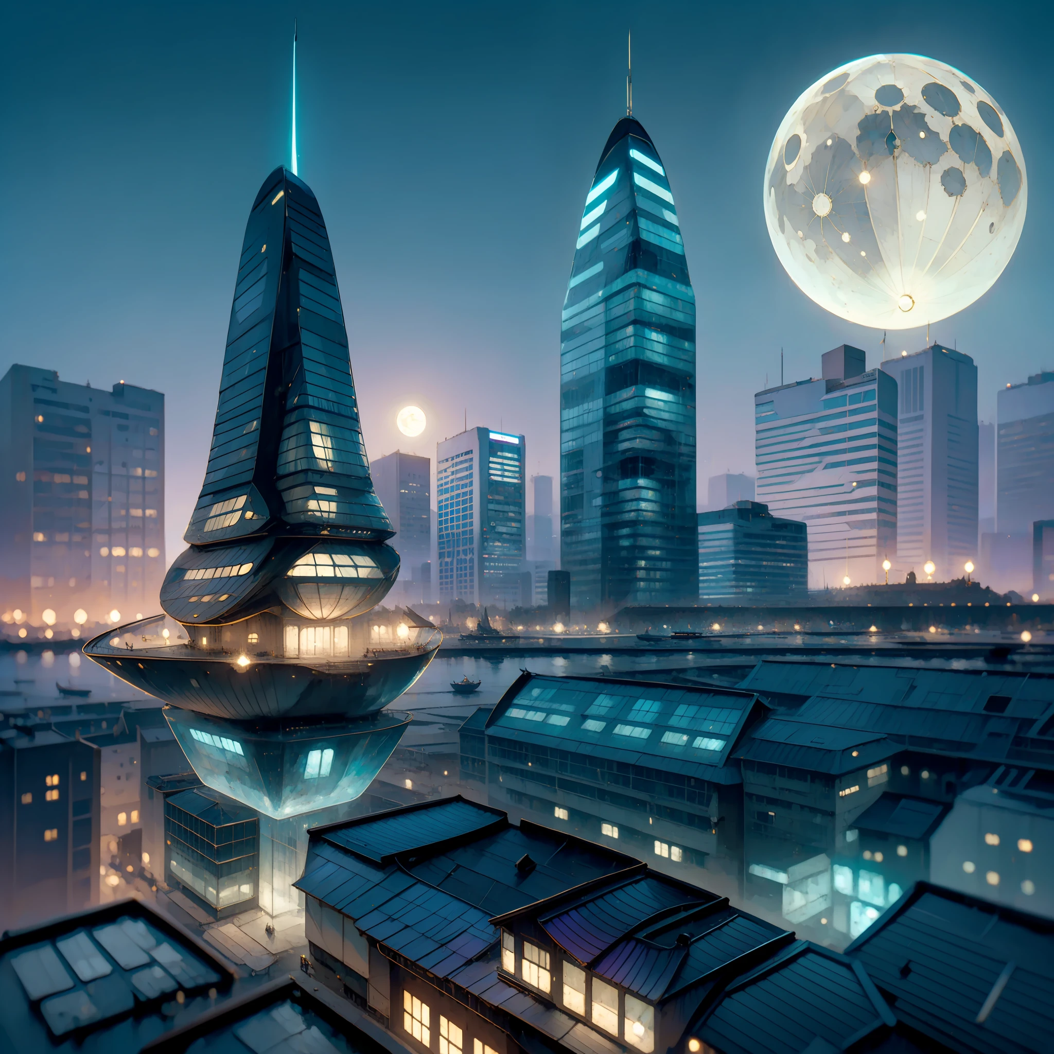 Vessel flying between buildings, Medieval and futuristic buildings, futuristic magical city, two moons in sky, noite, boat flying between buildings, futuro, extremely high quality, realista