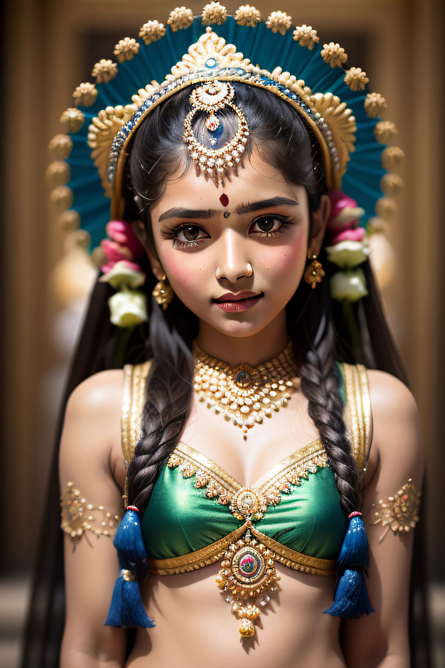 印度教女神般的印度女孩. 伊尼亞油漆效果, 藍色皮膚