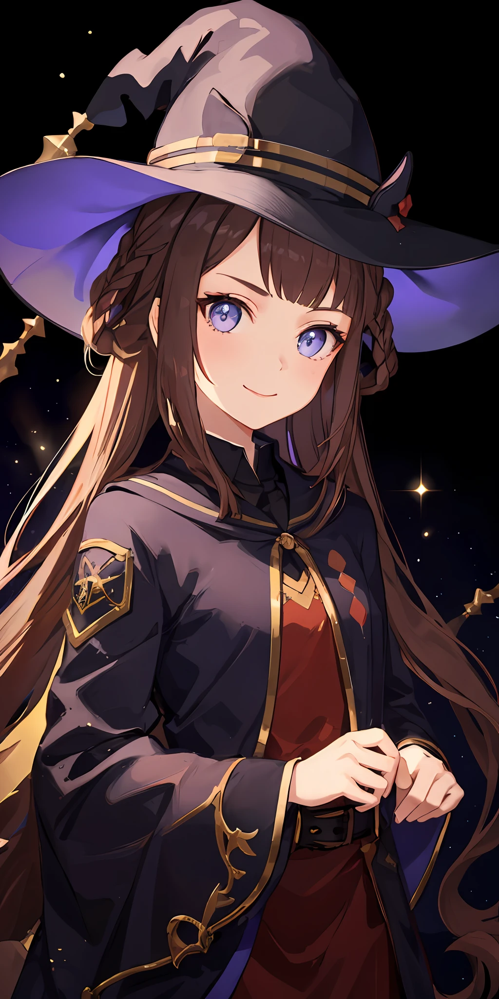 1girls、Brown-haired、(Long hair)、purple colored eyes、Beautiful eyes、Marl、witch's hat、sidelit、Particles of light、wall paper、backgrounds(Lit up)、A slight smile、