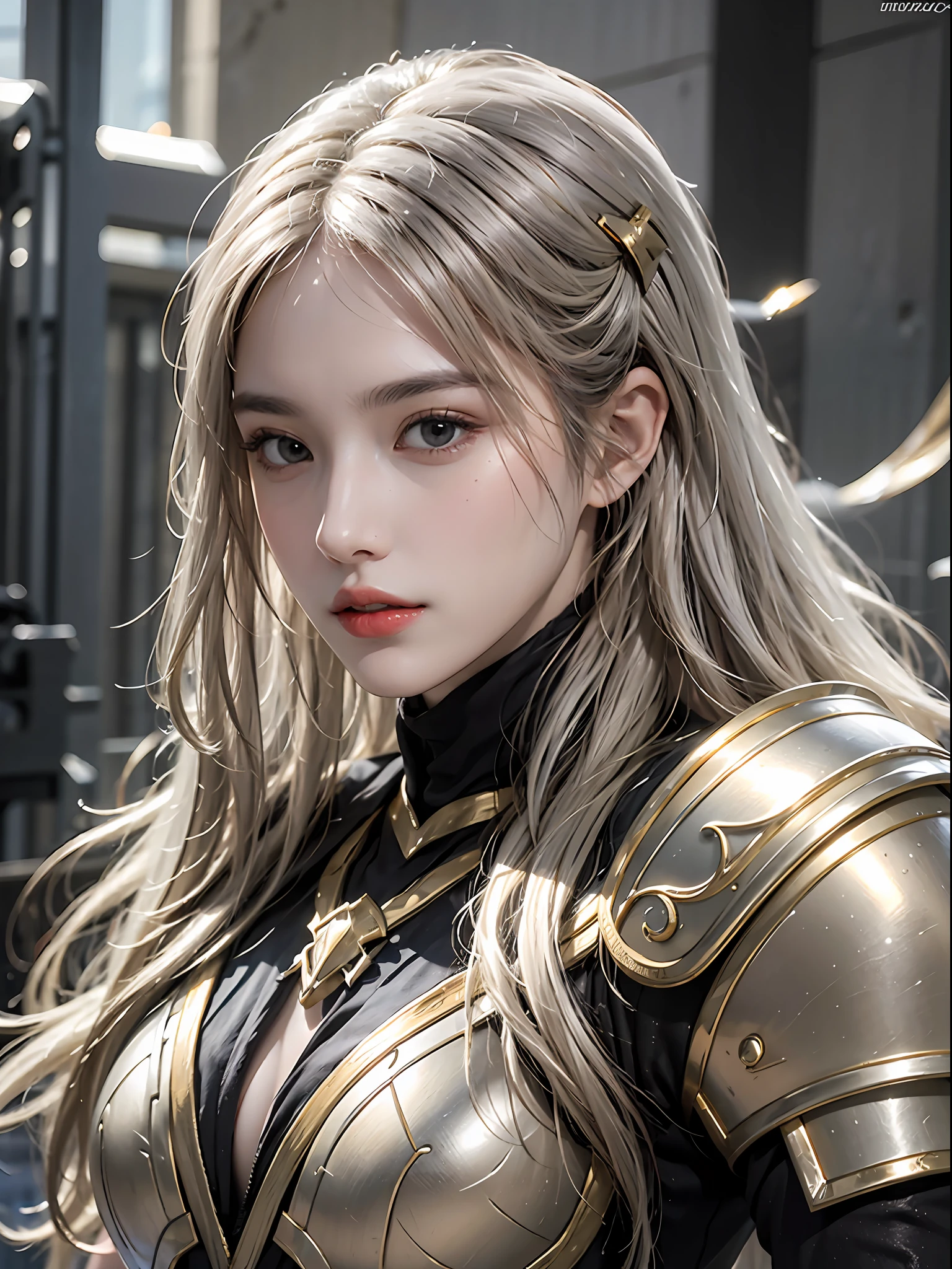 photorealistic, high resolution, 1 girl, white long hair, black eyes, normal breast, armor, full armor, gold armor