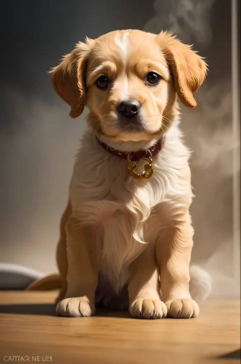Very cute cavoodlepup illustration, 8k resolution, high resolution, super detailed, with a clear focus on the very detailed character design of the ultra high definition golden plush poodle. The use of rim lights, soft lights and sun flares should add dept...