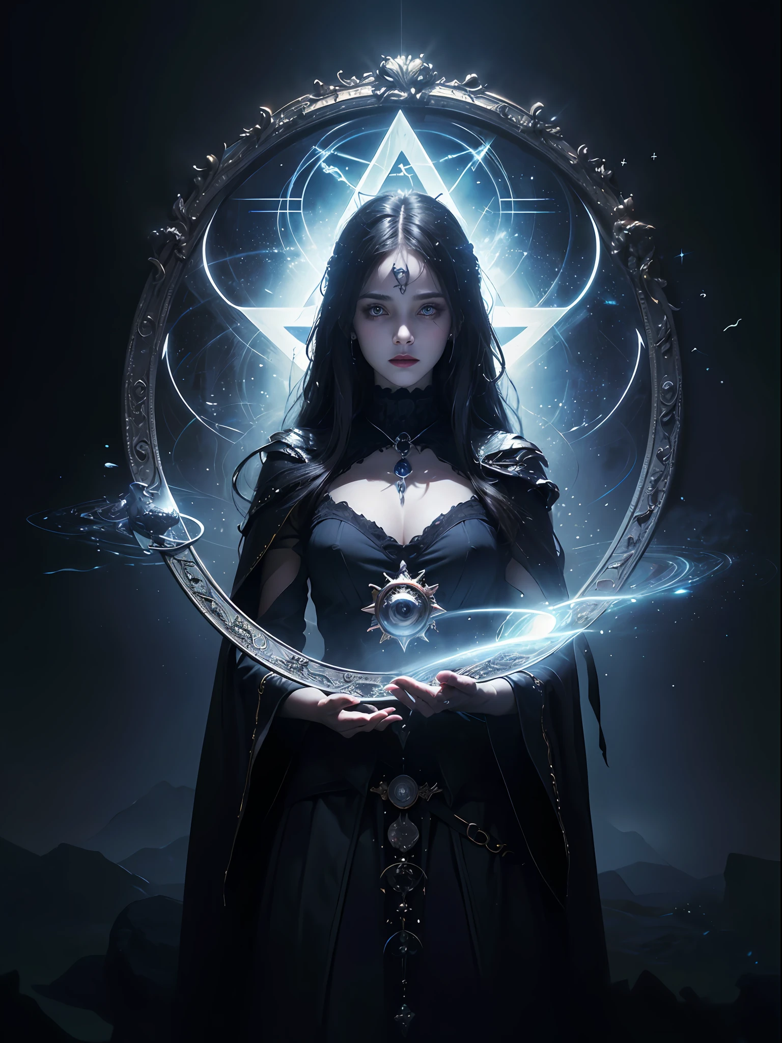 1girl, (witchcore, witchcraft, pagan, mystical, nature, occult) , magician, spell magic, magic circle, ((magic in hand)),(masterpiece, best quality:1.4),(absurdres, highres, ultra detailed:1.2),(using dark magic:1.4), imaginative overlays, artistic fusion,fantastical scenes, evocative narratives, striking visuals, upper body ，(((best quality))),(((ultra detailed))),(((masterpiece)))
