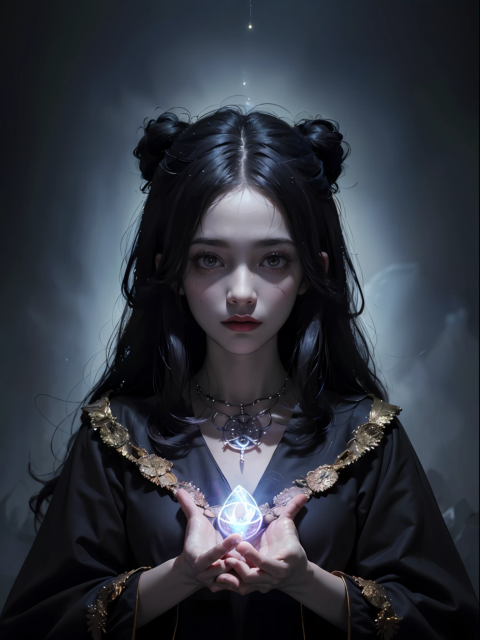 1girl, (witchcore, witchcraft, pagan, mystical, nature, occult) , magician, spell magic, magic circle, ((magic in hand)),(masterpiece, best quality:1.4),(absurdres, highres, ultra detailed:1.2),(using dark magic:1.4), imaginative overlays, artistic fusion,fantastical scenes, evocative narratives, striking visuals, upper body ，(((best quality))),(((ultra detailed))),(((masterpiece)))