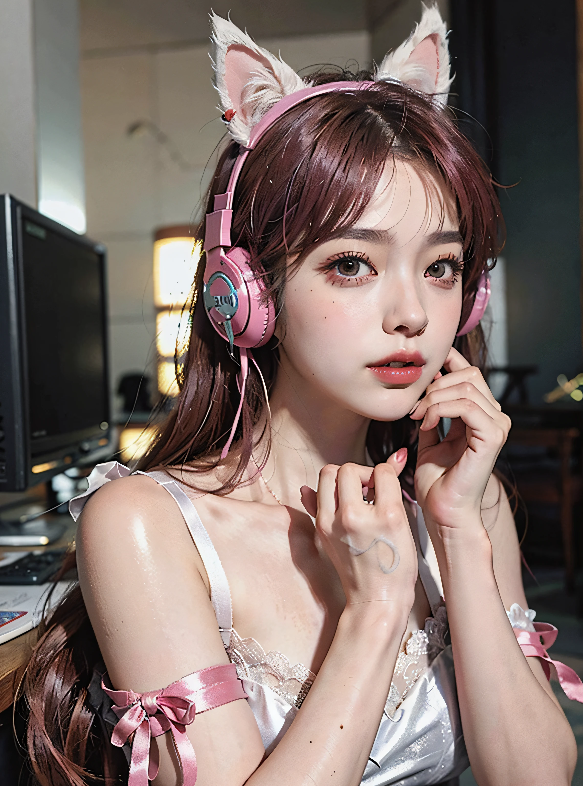 Araffe girl with pink ears and headphones sitting in front of a computer -  SeaArt AI