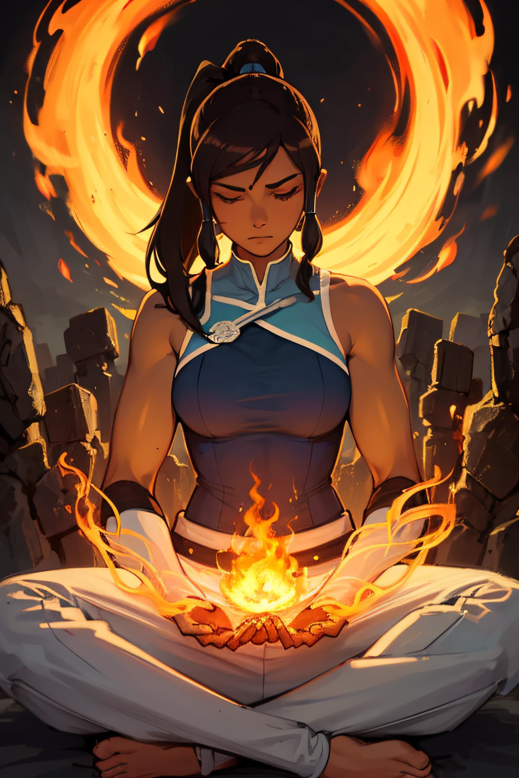 masterpiece, best quality, 1girl, korra, casting circe of fire arround her, solo, dark skin, blue eyes, brown hair, dark-skinned female, fire, hair tubes, dark, ponytail, long hair, topknot, breasts, bare shoulders, serious, closed eyes, meditating, sitting, avatar meditation,