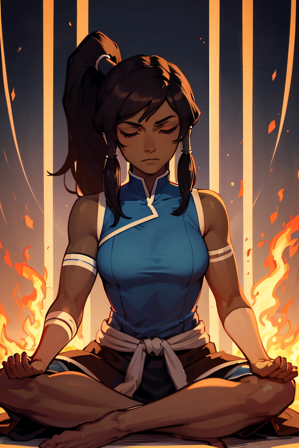 masterpiece, best quality, 1girl, korra, casting circe of fire arround her, solo, dark skin, blue eyes, brown hair, dark-skinned female, fire, hair tubes, dark, ponytail, long hair, topknot, breasts, bare shoulders, serious, closed eyes, meditating, sitting, avatar meditation,