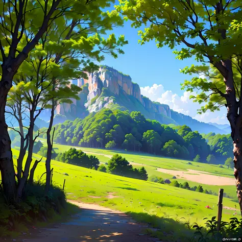 Merger between Goku and Picolo, oild painting, em cima da montanha, with trees around, raios de sol, nuvens, montanhas ao fundo ...