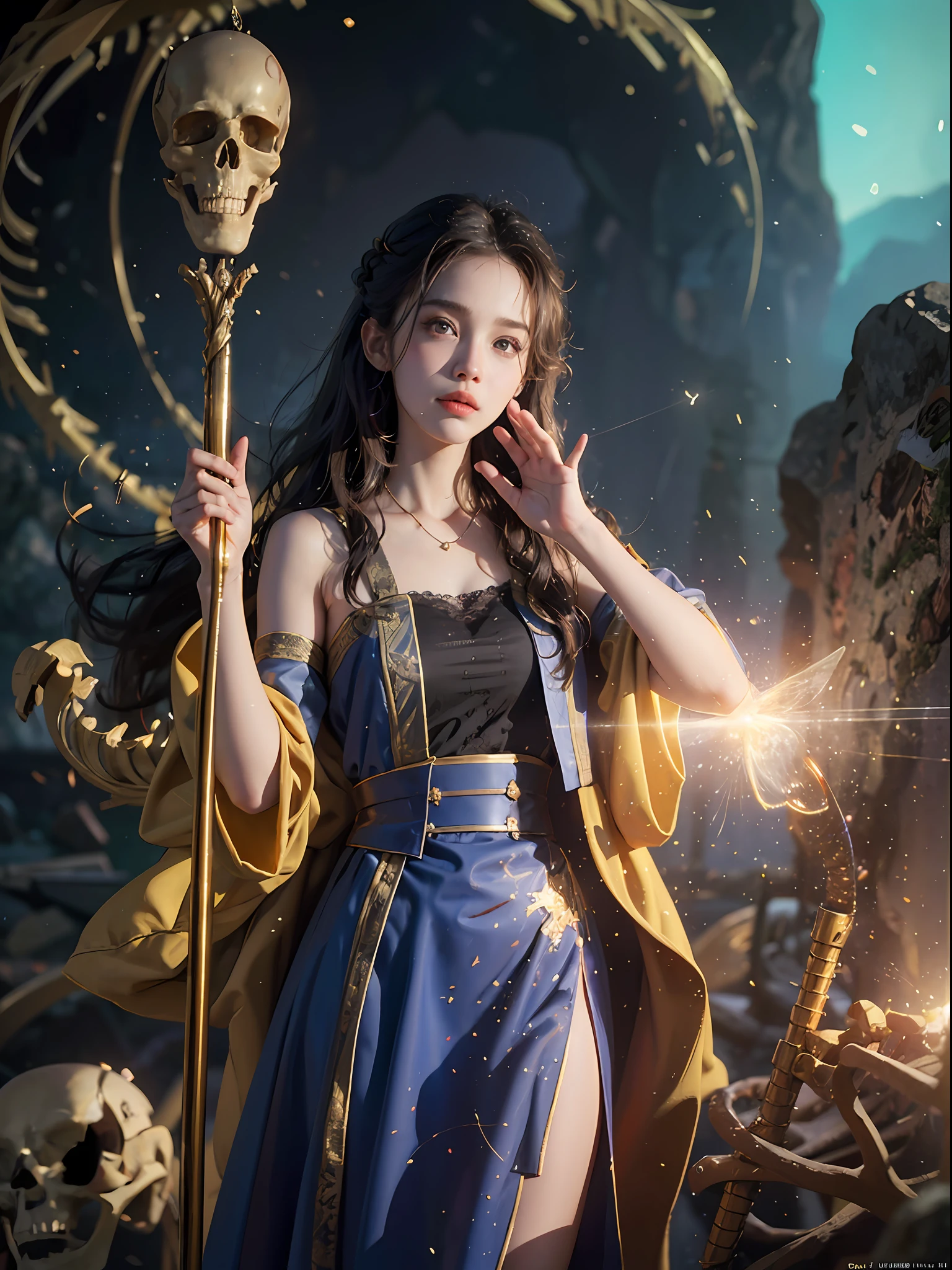 1girl, solo focus, child,  Hermione Granger，realistic， in long hogwarts robes， casting a spell, waving her wand with golden particle effects, lumos maxima against a skeleton soldier in a dark cave, cinematic lighting, trending on ArtStation, by Irakli Nadar, Greg Rutkowski，(((best quality))),(((ultra detailed))),(((masterpiece)))