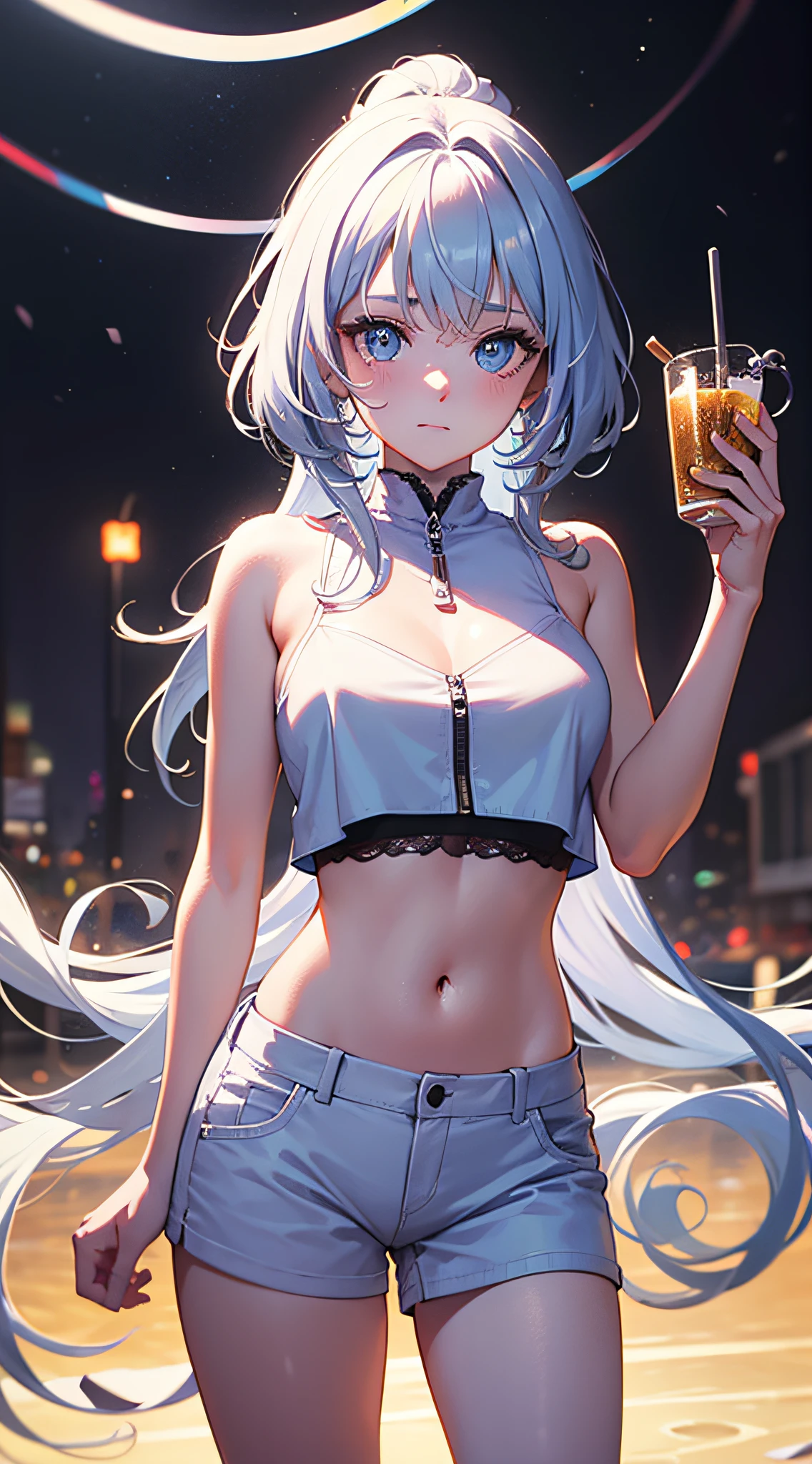 Anime girl with blue hair holding a drink and a cigarette - SeaArt AI