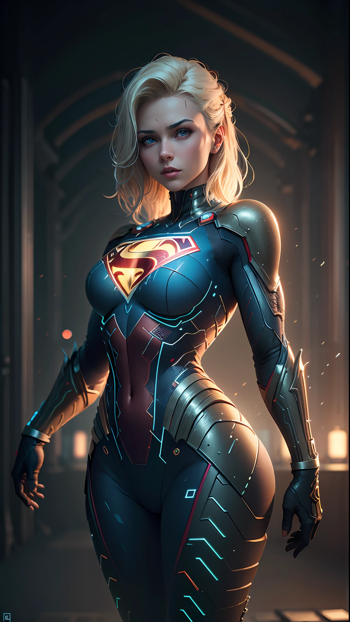 ((Best Quality)), ((Masterpiece)), (Detailed: 1.4), 3D, an image of a beautiful cyberpunk Supergirl,HDR (High Dynamic Range),Ray Tracing,NVIDIA RTX,Super-Resolution,Unreal 5,Subsurface Dispersion, PBR Texture, Post-processing, Anisotropic Filtering, Depth of Field, Maximum Clarity and Sharpness, Multilayer Textures, Albedo and Specular Maps, Surface Shading, Accurate Simulation of Light-Material Interaction, Perfect Proportions, Octane Render,  Two-Tone Lighting,Wide Aperture,Low ISO,White Balance,Rule of Thirds,8K RAW,CircuitBoardAI, Blonde Hair, Blue Eyes, Superman Symbol on Chest.