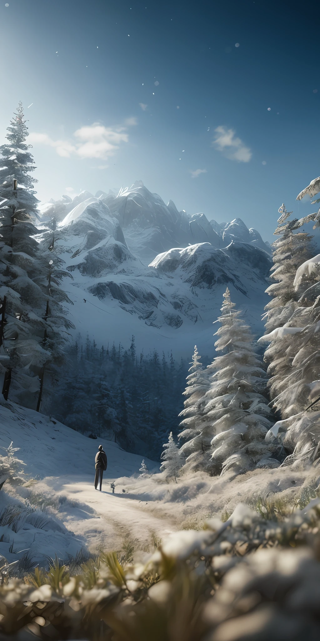 masterpiece, best quality, high quality, extremely detailed CG unity 8k wallpaper, taiga, silence, towering conifers covered with forest floor, harsh cold climate, serene beauty, snow, winter, mild summer, breeze, needles, branches, bokeh, depth fields, HDR, bloom, chromatic aberration, photorealistic, extremely detailed, popular on artstation, popular on CGsociety, complex, high detail, dramatic, art midway