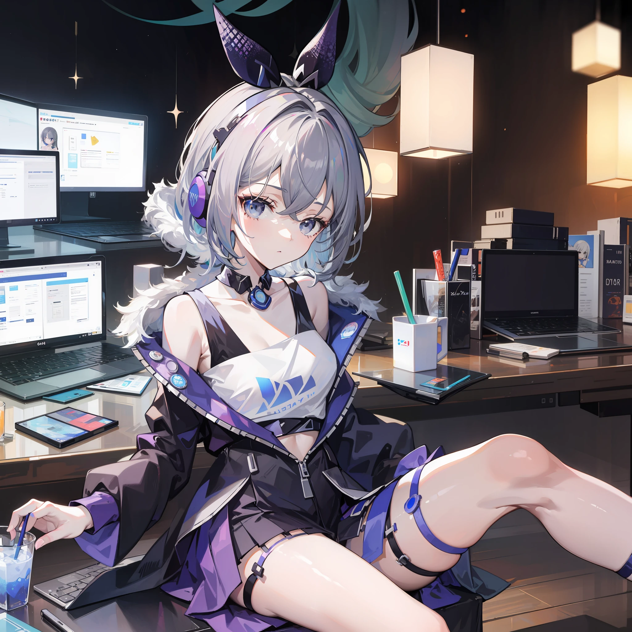 Silver-haired girl，head phone，sitting at a computer desk，Snacks and drinks pile up