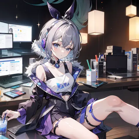 silver-haired girl，head phone，sitting at a computer desk，snacks and drinks pile up