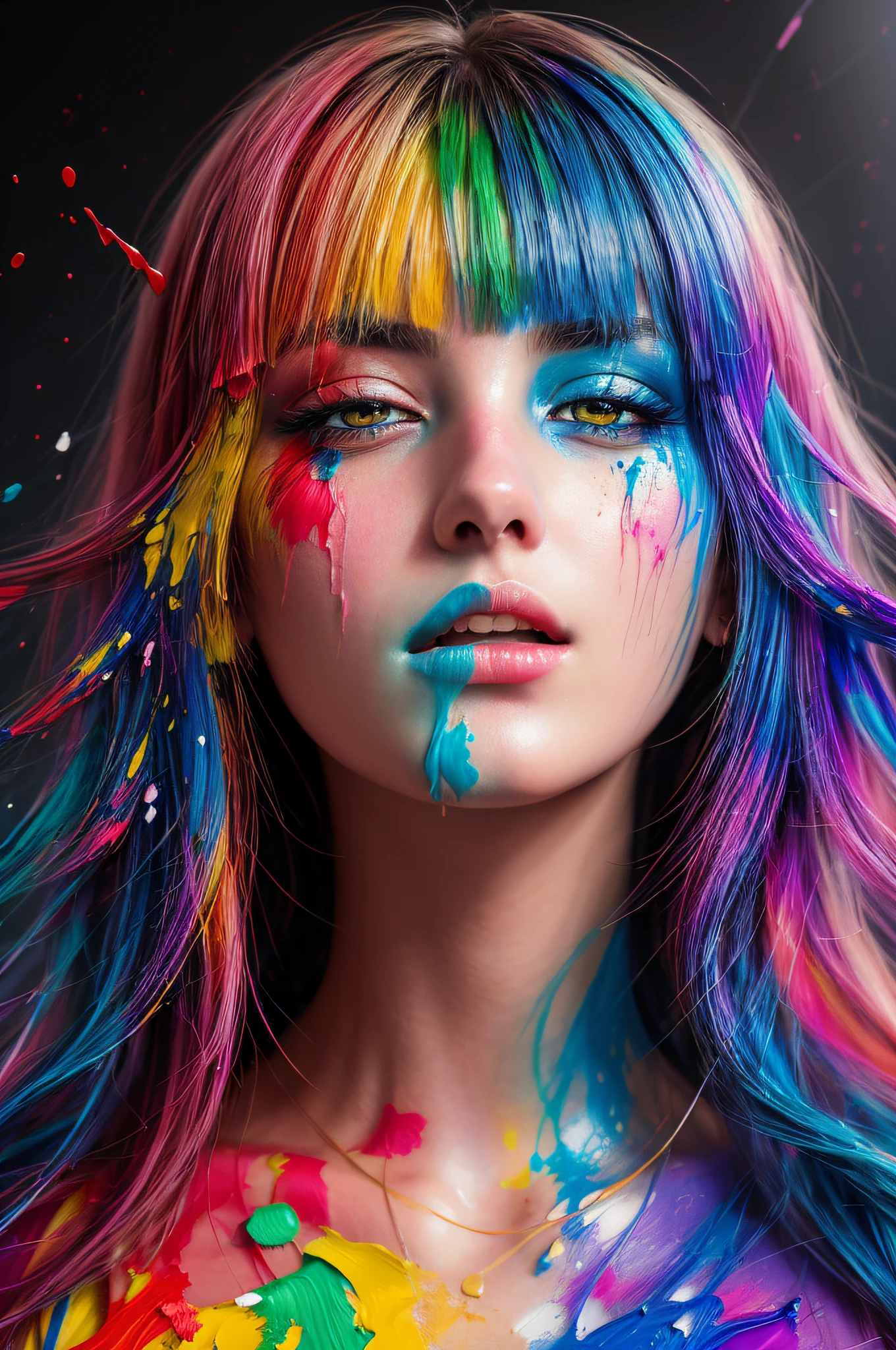 (diferencia de nivel:1.8),(Pintura chocando y salpicando el lienzo.),(profundidad de campo),1girl's cara lateral blends into it,((cara lateral)),Boca abierta,(pintura liquida pelo arcoiris:1.1) hecho de pintura y desafía la gravedad,flujo espeso,(salpicadura de pintura:1.3),Estado liquido,deslumbrantemente bella, Obra maestra, antecedentes detallados,modelo de ultra alta calidad, fondo etéreo,belleza abstracta, explosivo volumétrico, pintura al óleo,golpes fuertes,Iluminación romántica,Dispersión subsuperficial,lente 135mm,F1.8,brillo,8k,alta resolución, soñador,trazado de rayos,HDR,rayos de Dios,