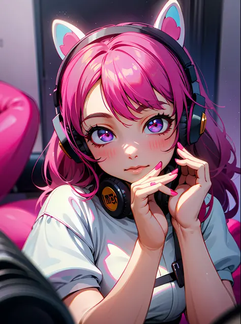 there is a woman with pink hair wearing headphones and a white dress, very beautiful cute catgirl, wearing cat ear headphones, ulzzang, pink headphones, belle delphine, girl with cat ears, with headphones, guweiz, with head phones, with bunny ears, tzuyu f...
