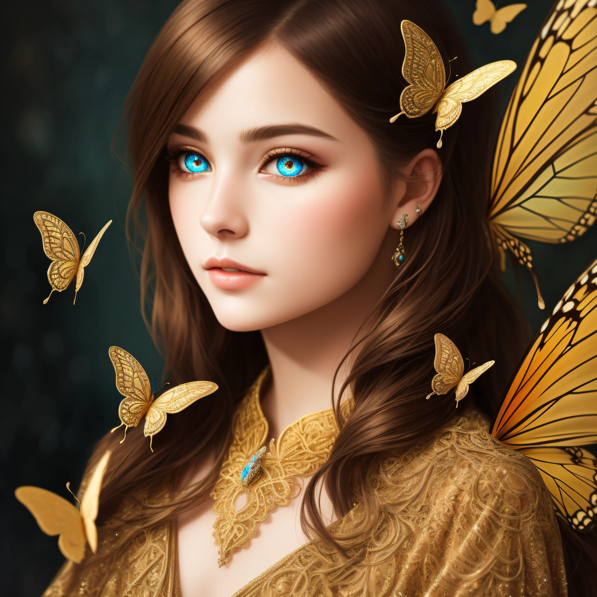 8k portrait of a beautiful cyborg with brown hair, intricate, elegant, highly detailed, majestic, digital photography, surreal golden filigree butterfly painting, broken glasasterpiece, side lighting, finely detailed beautiful eyes: 1.2 ), hdr,