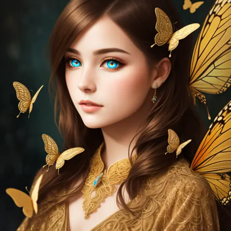 8k portrait of a beautiful cyborg with brown hair, intricate, elegant, highly detailed, majestic, digital photography, surreal golden filigree butterfly painting, broken glass (masterpiece, side lighting, finely detailed beautiful eyes: 1.2 ), hdr,