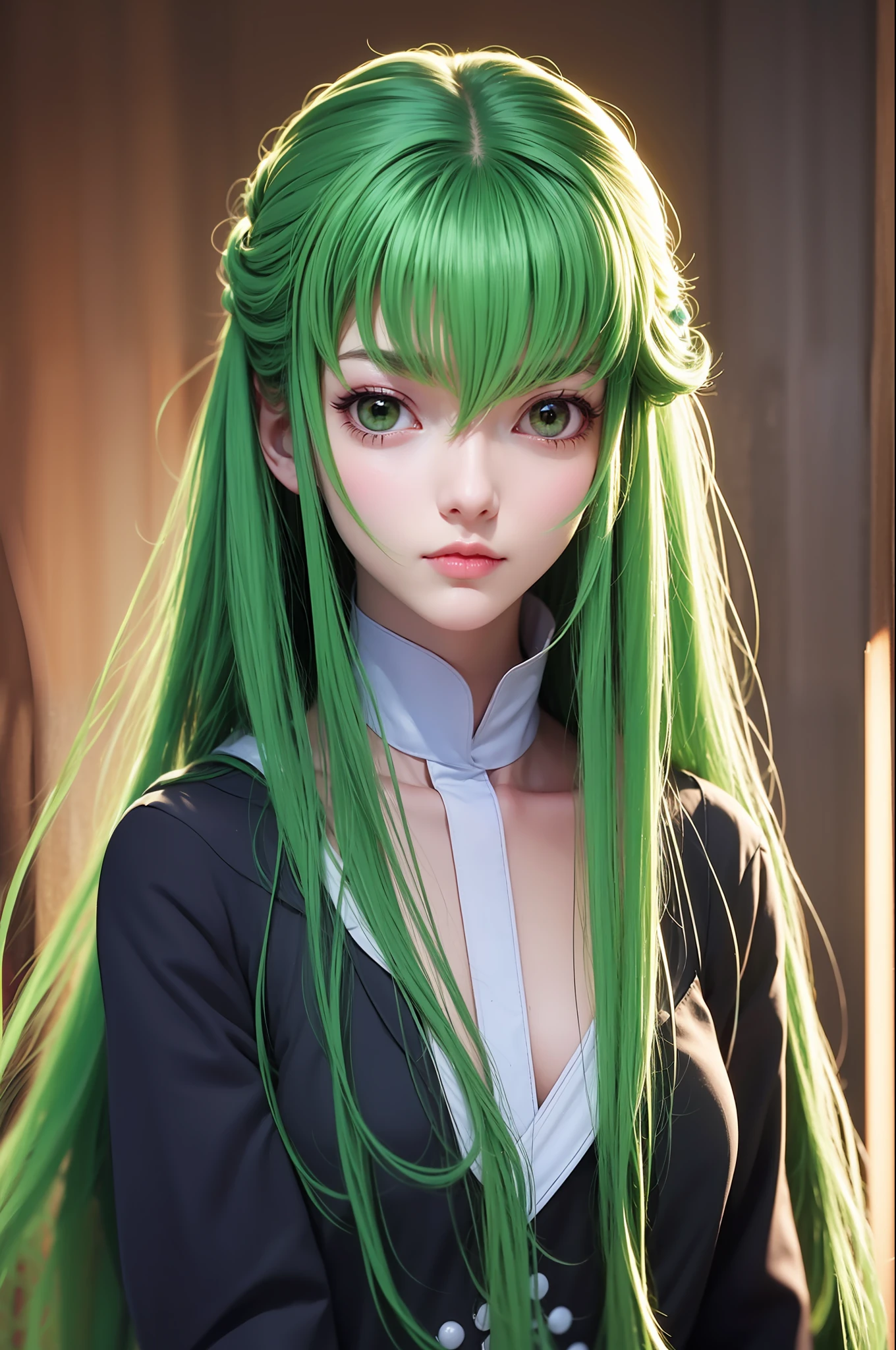 cc，Tiré de l&#39;œuvre d&#39;anime rebelle Lelouch，Tâches du rôle principal，Cheveux longs et fluides vert clair，Visage de graine de melon unique aux femmes orientales，pleinement, très mignon，jolie，Une atmosphère mystérieuse，Corps immortel