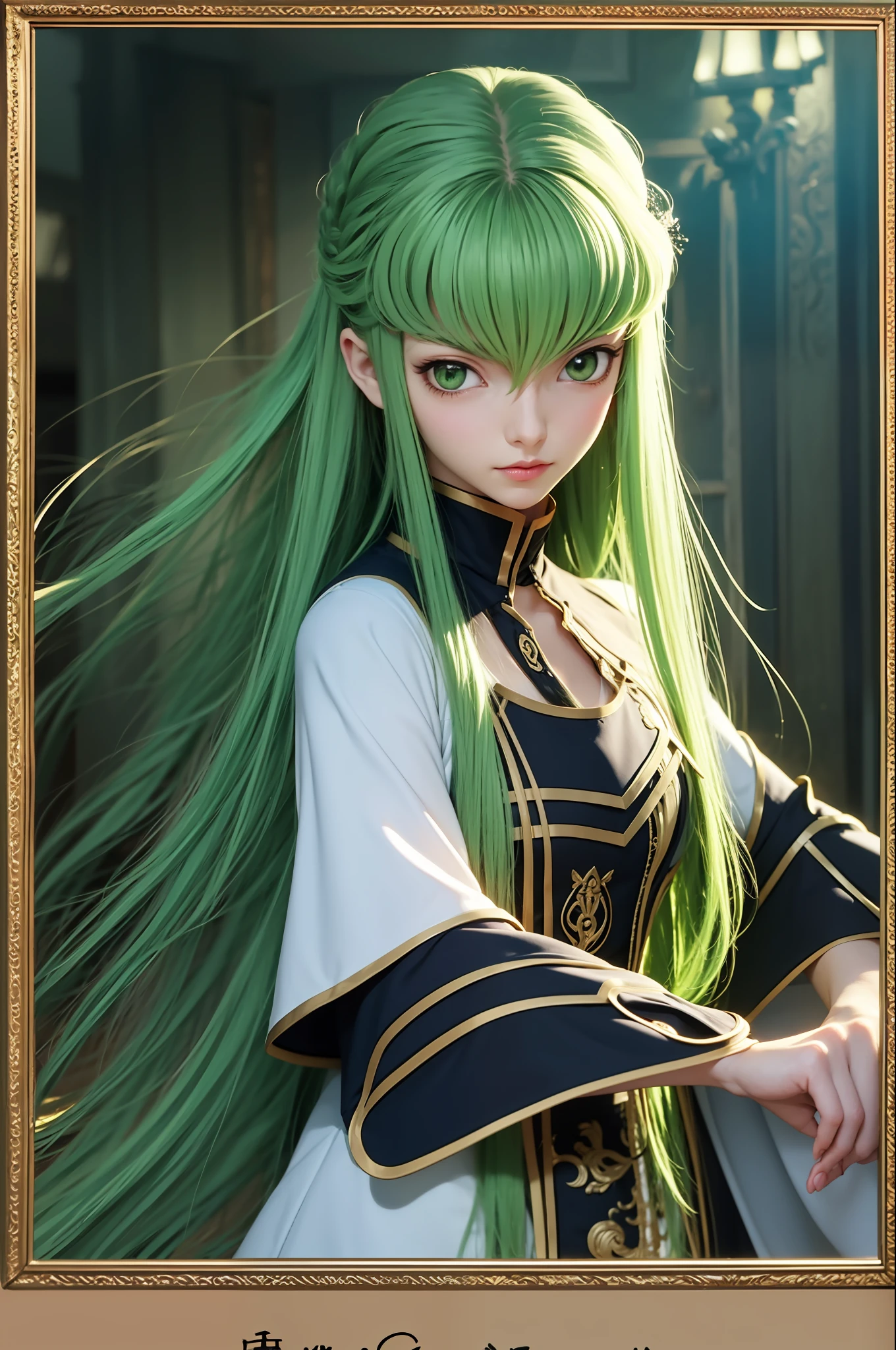 CC，From the rebellious Lelouch anime work，Primary role tasks，Long flowing light green hair，Melon seed face unique to oriental women，fully, Very cute，prette，A mysterious atmosphere，Immortal body