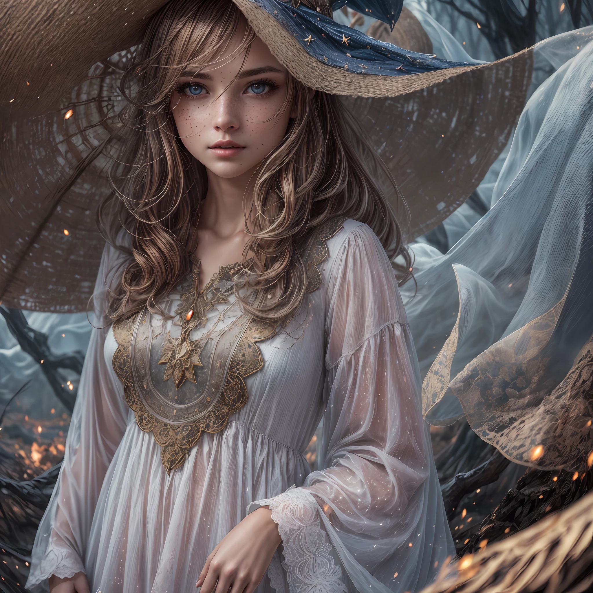 photorealistic, 35mm, intricate details, hdr, intricate details, hyperdetailed, natural skin texture, hyperrealism, sharp, 1 girl, adult (elven:0.7) woman, freckles, grey eyes, chestnut layered hair, portrait, looking down, solo, half shot, detailed background, witch hat, witch, magical atmosphere, hair flowing in the wind, red trimmed light colored clothes, whirlwind of swirling magic spell in the air, dark magic, (style-swirlmagic:0.8), floating particles, desolate battlefield background, backlighting, (((masterpiece))), (((masterwork))), ((top quality)), ((best quality)), ((highest quality)), ((highest fidelity)), ((highest resolution)), ((highres)), ((highest detail)), ((highly detailed)), ((hyper-detailed)), (((detail enhancement))), ((deeply detailed)), ((8k resolution)), awe inspiring, breathtaking, uhd, hdr, fhd, 8k, 16k, 32k, k, meticulous, intricate, intimate, nuanced, (((the most beautiful images in existence))), (((the most beautiful artwork in the world))), (raw photo, film grain), caustics, subsurface scattering, reflections,