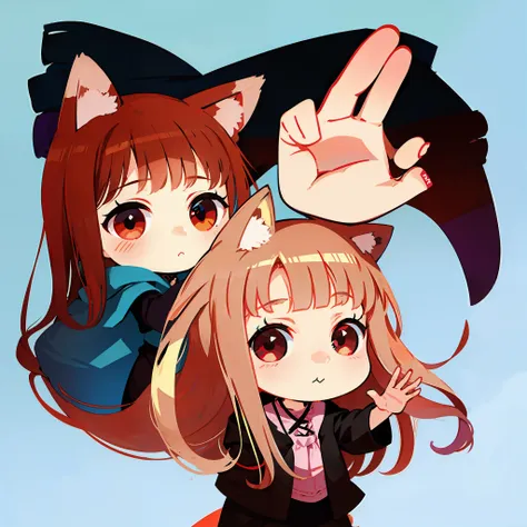 chibi holo, chibi girl, waving at the camera, like saying bye, cute, pretty, simple background