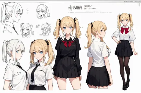 shcool uniform，Stockings，Short black skirt，White top，Fashion leather shoes，Urban popular colors，（character design sheet，facefront，backfacing，Lateral face，Same character），The background is simple，pigtails，small nipple，schoolgirl，Thick eyebrows，big breasts thin waist，Beautiful blonde，（nmasterpiece），（（HighestQuali）），（ultra detaild），Giant Breast Girl，（beautifuleyes）），beautiful details eyes，Clean and meticulous face，Five fingers，Textile shades，anatomy perfect，