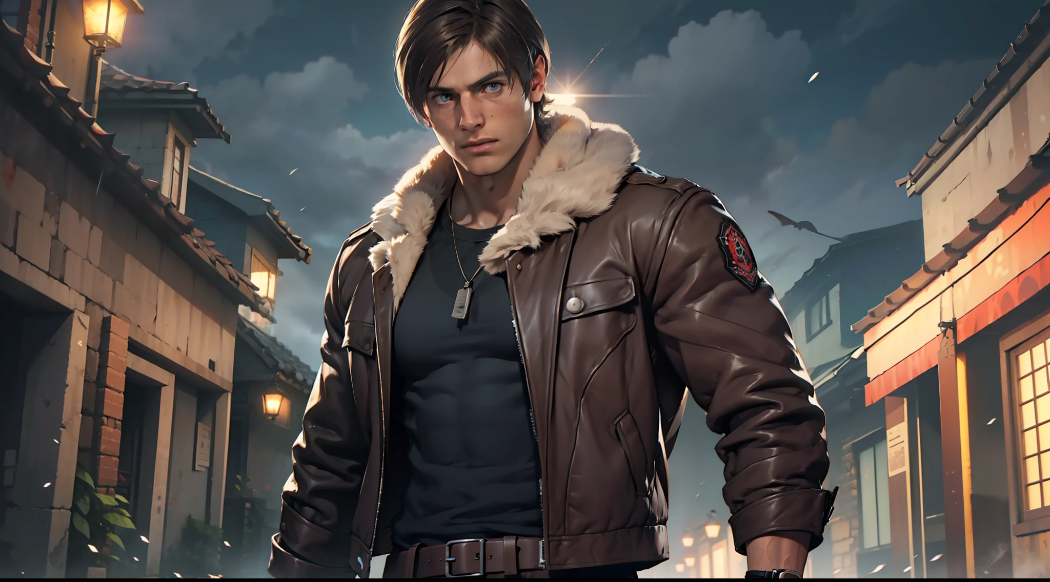 1 man, young man, 27 year old, Leon S. Kennedy from Resident evil 4, face of Eudard Badaluta, solo, white skin, muscular, lean muscle man, tall, hunk, wide shoulder, clean-shaven, dark brown hair, curtain hairstyle, dark brown leather jacket white fur on the neck, black T shirt inside, black pant, holding a pistol on right hand, viewer looking, high resolution:1.2, best quality, upper body shot, flat style, cloudy sky and old Spanish village background, nightime, low camera angle, volumetric lighting, depth of field, shadow