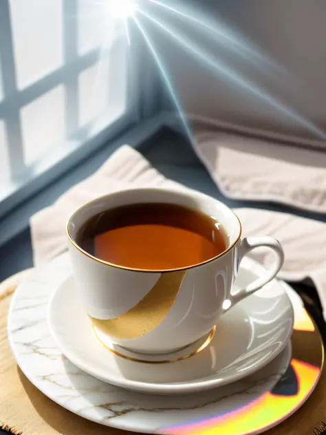 low-angle close-up of a cup of tea in white marble with some details in gold metallic embossing on a beautiful table lined with ...