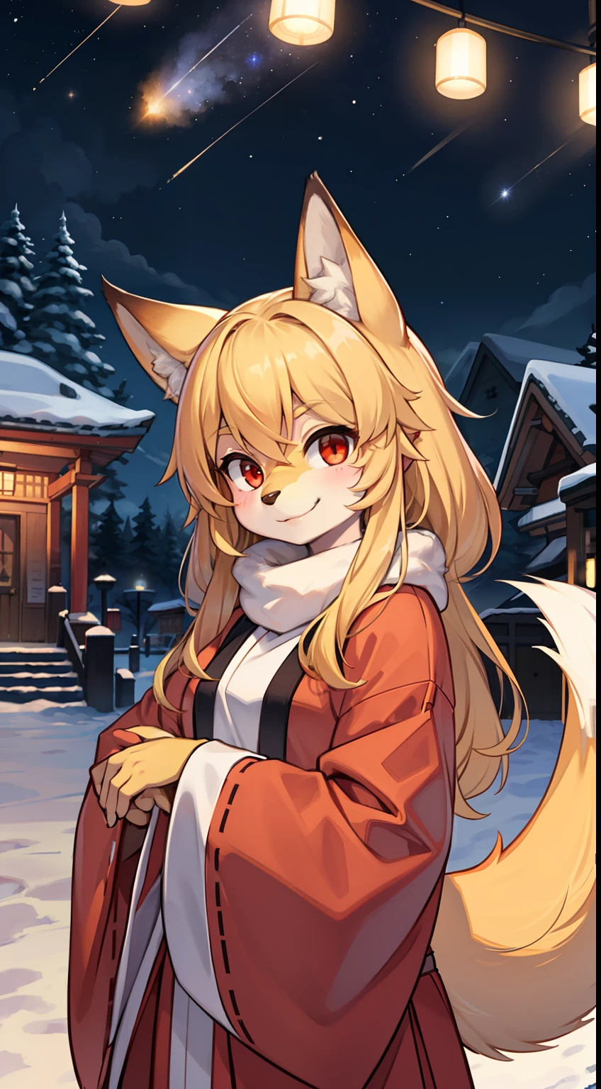girl fox，was hairy,furry，Golden fur，orc face，Golden yellow face fur,Long blonde hair，Red eyes，Super cute face，Brown elements on fur，miko，Beautiful lights and shadows，Ambient light，Ultra-fine fur，volumettic light，Night,Clouds and stars in the sky,The sky outside is starry ,Meteor,natural day light，Smile with，Fluffy tail，Shrine background，wintertime