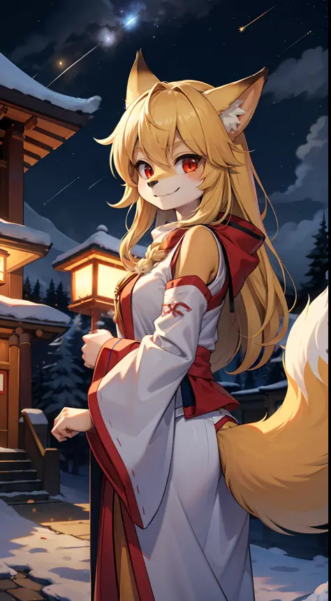 girl fox，was hairy,furry，Golden fur，orc face，Golden yellow face fur,Long blonde hair，Red eyes，Super cute face，Brown elements on ...