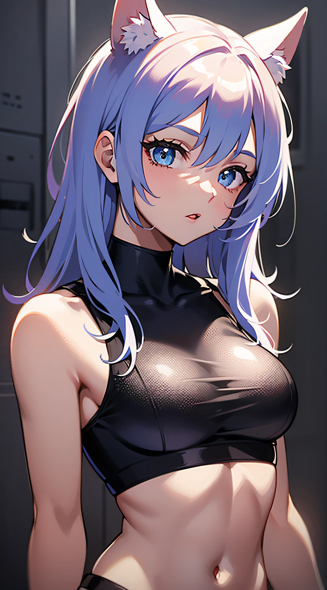 Anime girl with blue hair and cat ears in a black top - SeaArt AI