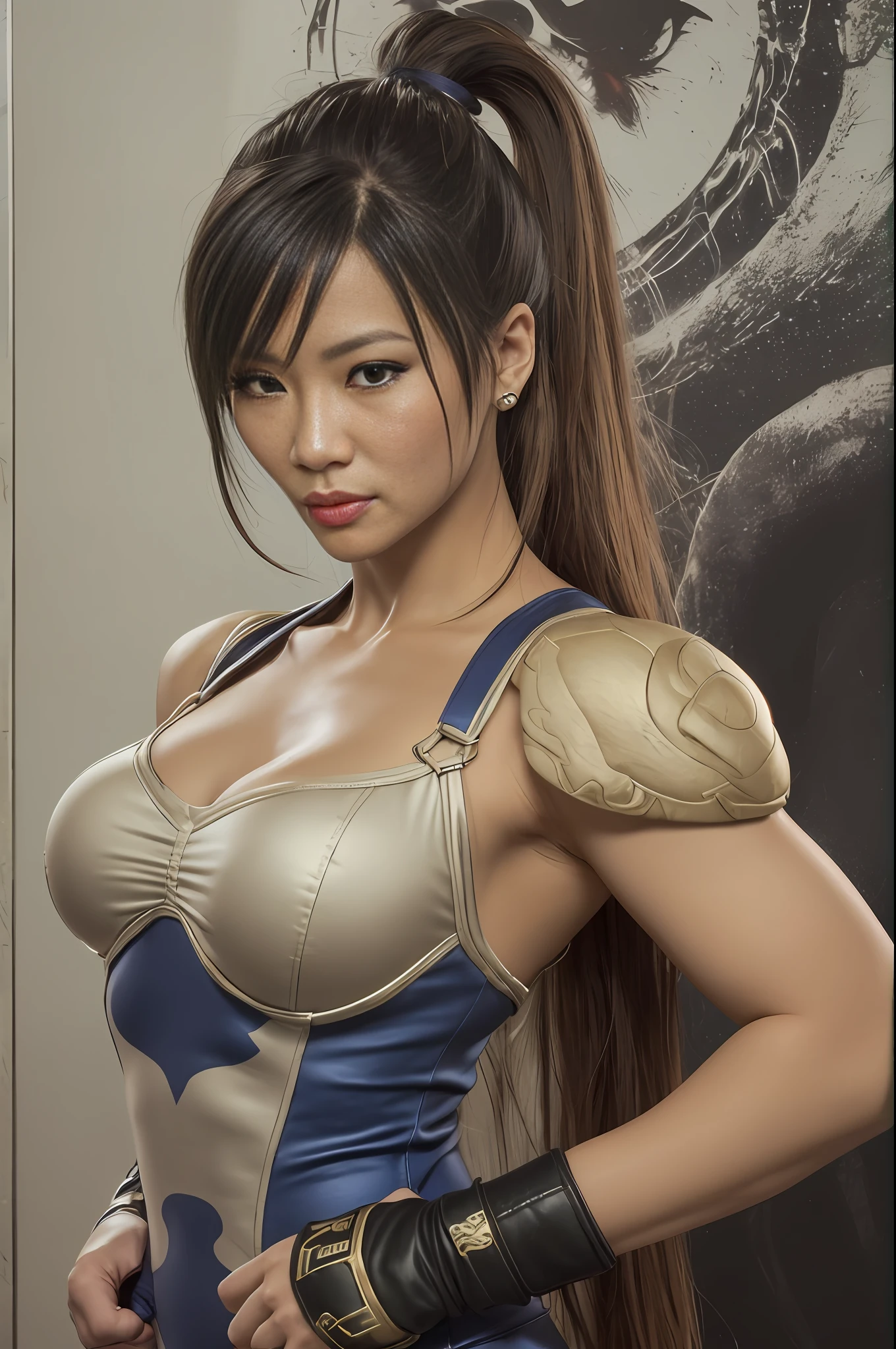 a woman with a face similar to Lucy Liu mixed with Mng-Na, Chun Li uniform, in the style of the Chun Li, ((fully body: 1.5)), (((ultra detailed hand))), (Masterpiece artwork: 1.5), (best qualityer), (photo realist:1.6), 8K, (detailed skin texture), detailed fabric texture, beautiful detailed face, details Intricate, (ultra detaild: 1.6), (Street Fighter no fundo),