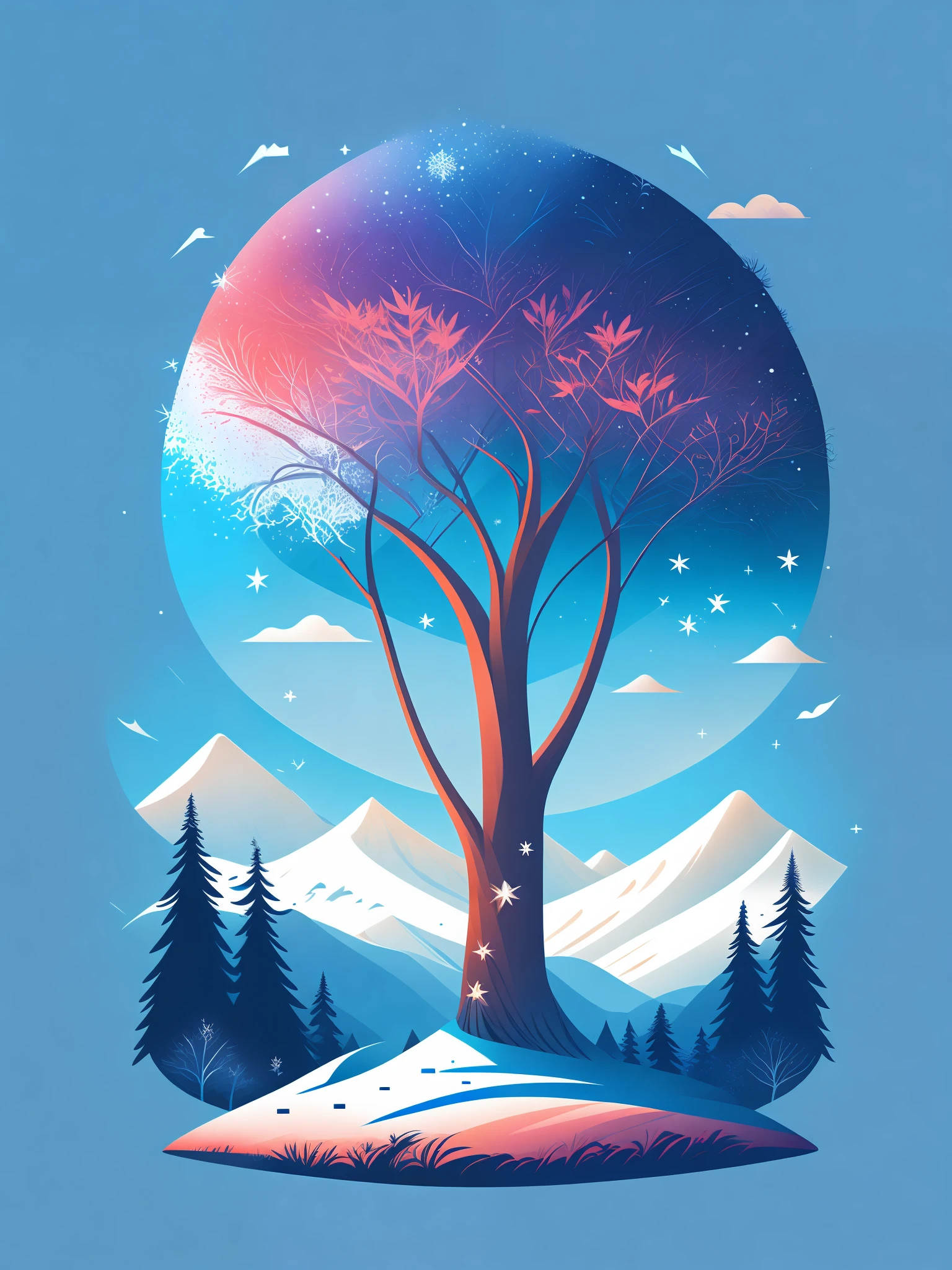 a spruice tree in a winter landscape, tshirt design, rzminjourney, vector-art