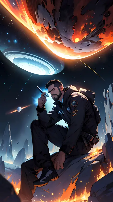 Draw a young programmer, sitting on a research platform floating in the middle of an asteroid belt. He is studying with a notebook, surrounded by several asteroids glowing with fiery auras. Dramatic lighting from distant stars and planets illuminates the s...