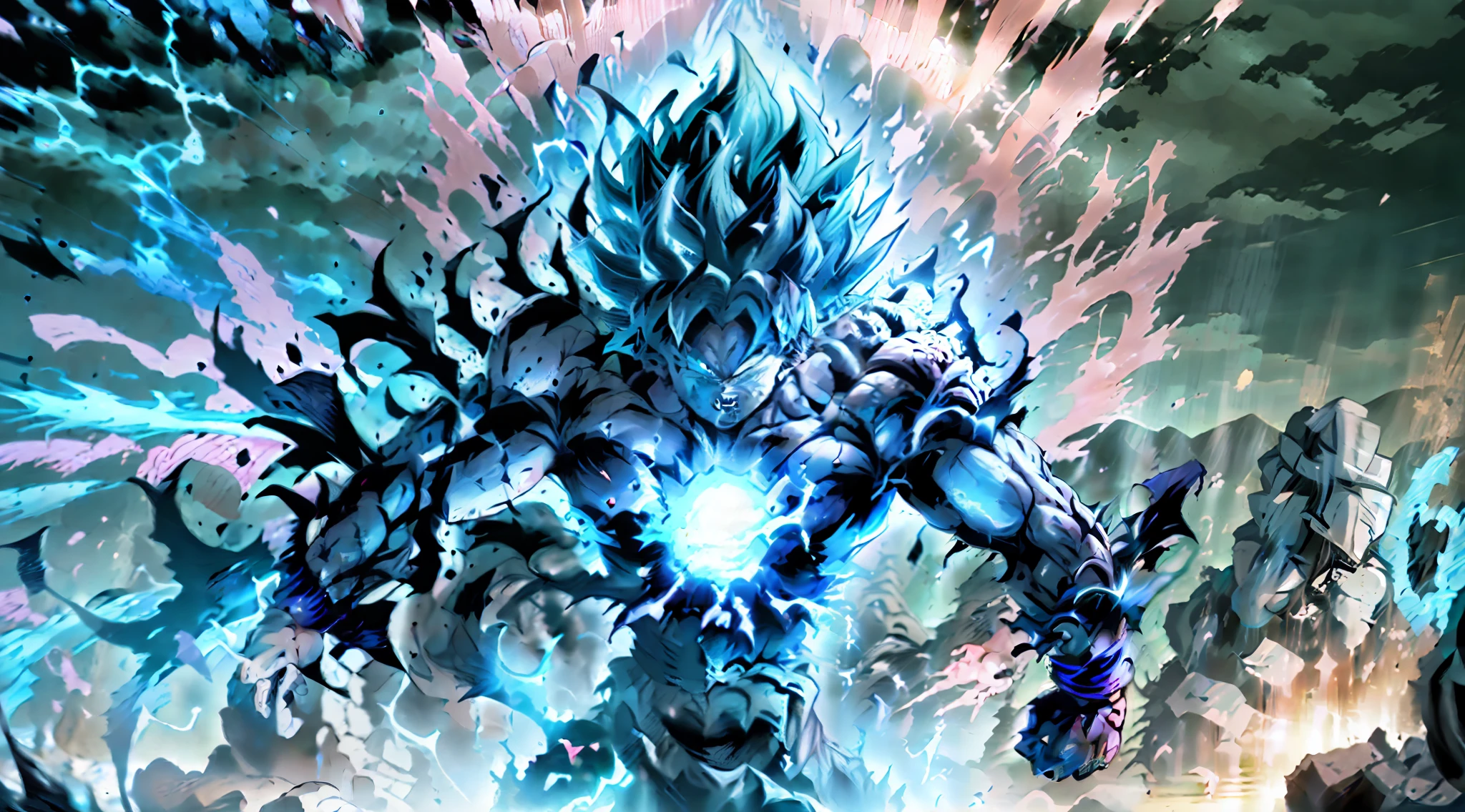 Super Saiyan Broly unleashes a colossal energy wave that shatters the ground and creates a massive shockwave. He stands on a rocky terrain with a stormy sky in the background. The energy wave is a mix of green and blue hues with a swirling pattern. (dark:1.2), (epic:1.3), (chaotic composition:1.2), (metallic:1.1), (gritty texture:1.1), (comic book:1.2), (((3D))), (((realistic))),