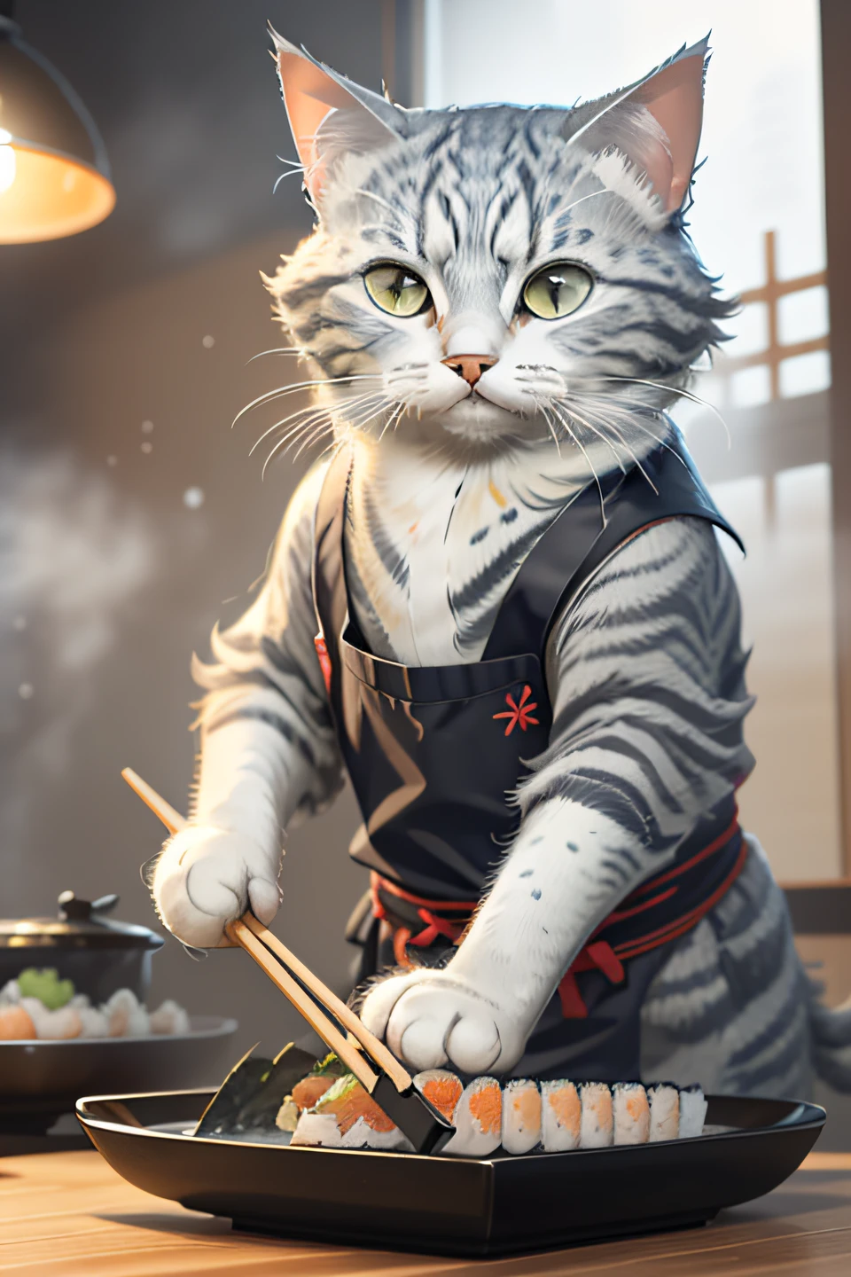 photographie en gros plan de (Grey Tabby Cat prépare des sushis sur la table:1.2), (c4ttitude:1.3), Dans la cuisine Glasstech, hyper réaliste, détail complexe, (brumeux:1.1), POV d&#39;en bas