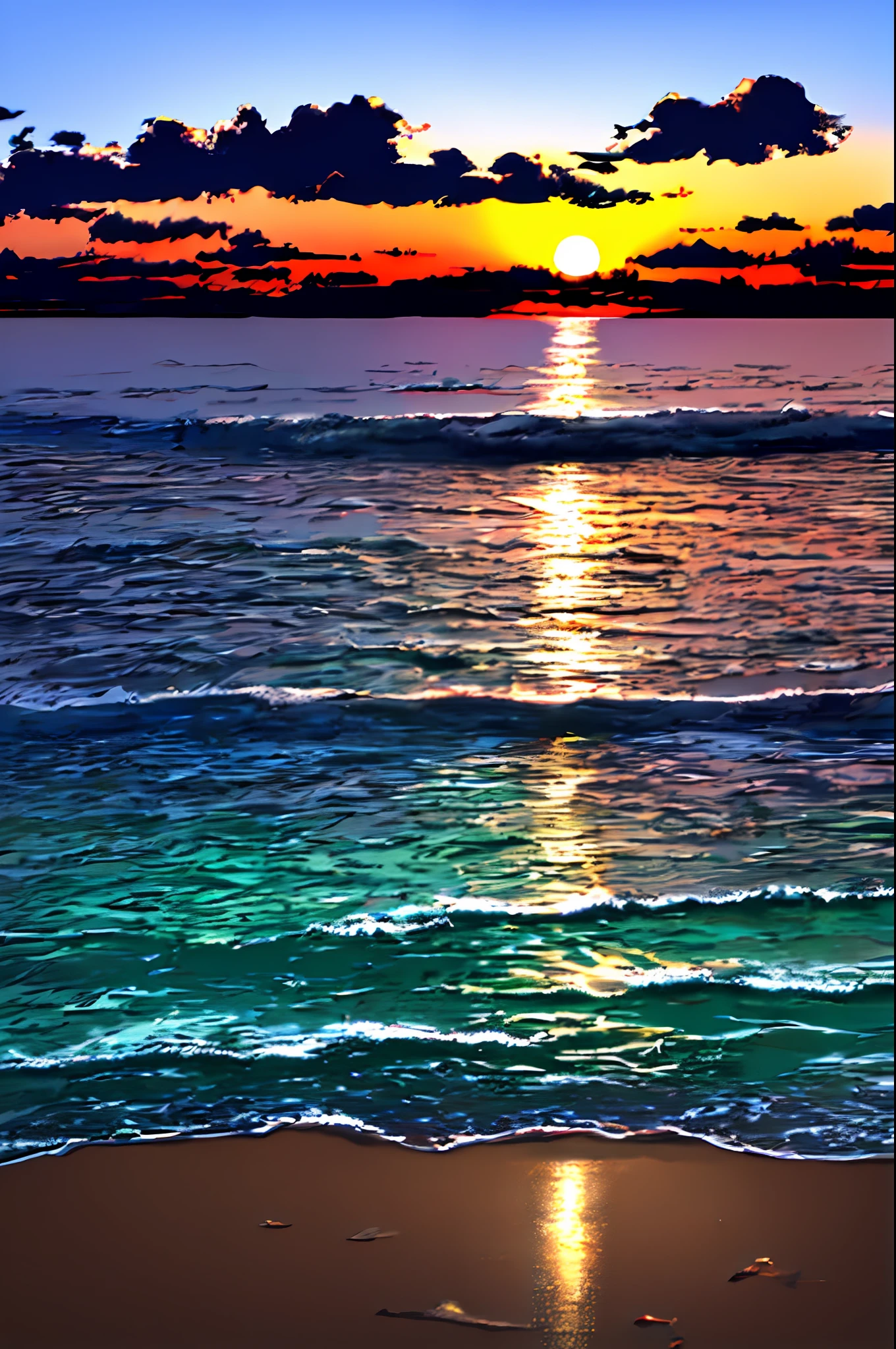 海沿いから夕陽の光が幻想的に反射して散りばめられて、飛び回る光を背景に様子を眺めている少年