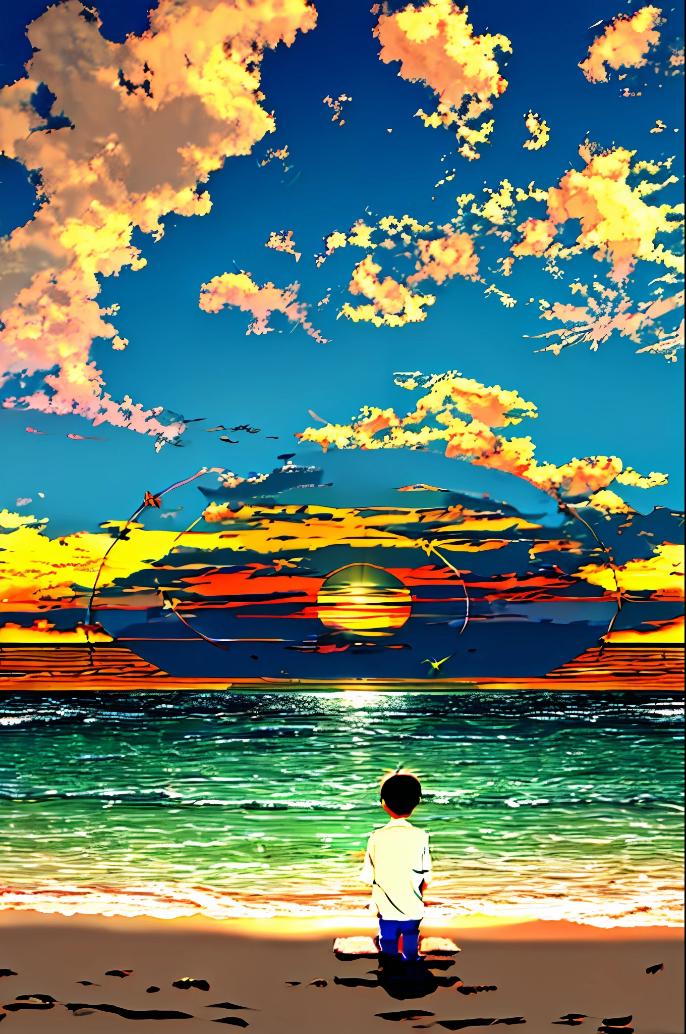 海沿いから夕陽の光が幻想的に反射して散りばめられて、飛び回る光を背景に様子を眺めている少年