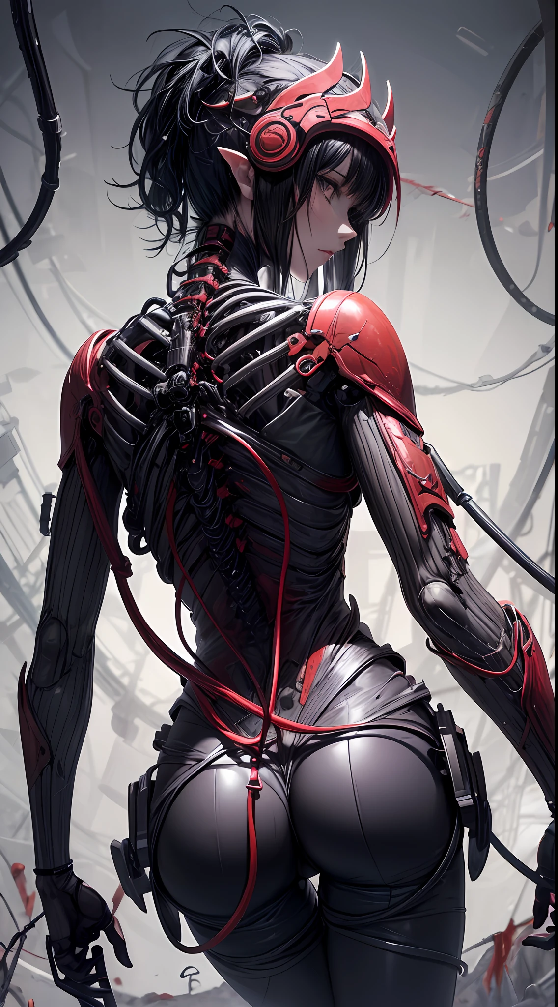 (((Masterpiece))), ((Best Quality)), (Super Detail), (CG Illustration), (Very Evil and Beautiful)), Cinematic Light, ((1 Mechanical Girl)), Single, (Mechanical Art: 1.4), ((Mechanical limb)), (Blood vessel attached to a tube), ((Mechanical spine attached to the back)), ((Mechanical cervical vertebrae attached to the neck), (Back to the viewer)), expressionless, ( Wires and cables attached to the head and body: 1.5), Science Fiction, Apocalypse, Ruins, (Lower Body Integrated with Mechanical Devices), (Blood: 1.5), Cruelty, Absurdity, Eroticism, Fusion with Machines, Doomsday Time, Super Future, Inorganic, Laboratory, Restraint, (Beautiful Indulgence: 1.2), (1 Girl: 1.3), Body Wrapped Around Mechanical Tentacles