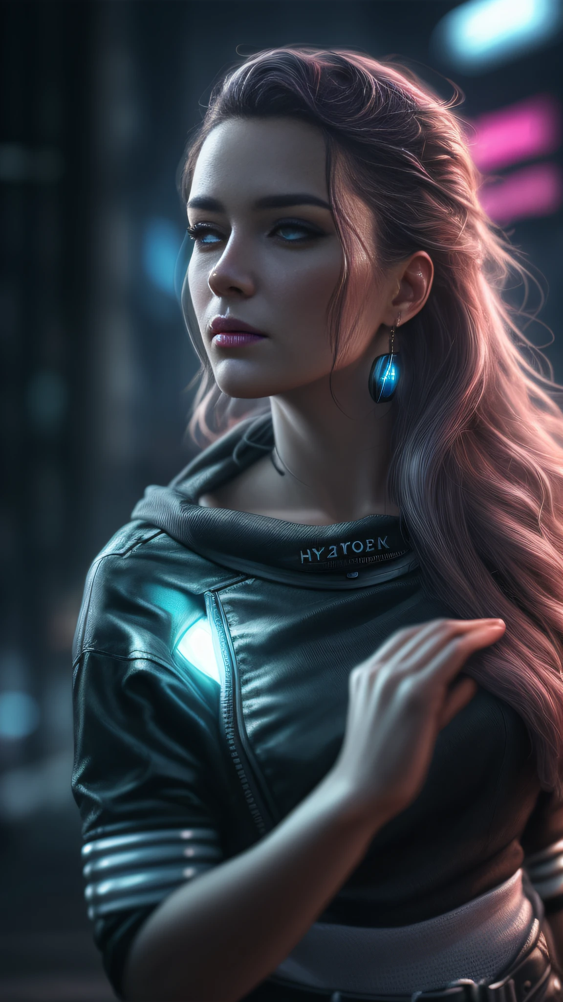 cyberpunk, Hyper Realistic, Hyper-Detailed digital art, 8k, Trending on artstation, Loneliness, Detailed Cloth, Detailed face, Best quality, Real life photography, Long hair, Thick hair, glowing hair, Photorealistic, Wave hair